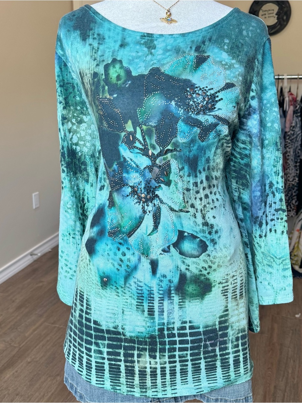 Floral Embellished Teal Whimsigoth Fall Goth Women’s 2X Long-Sleeve
